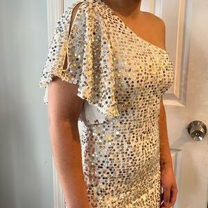 Women’s  Sequin Party Mini Dress in Gold & Silver Y2K Preppy Event. Stain shown
